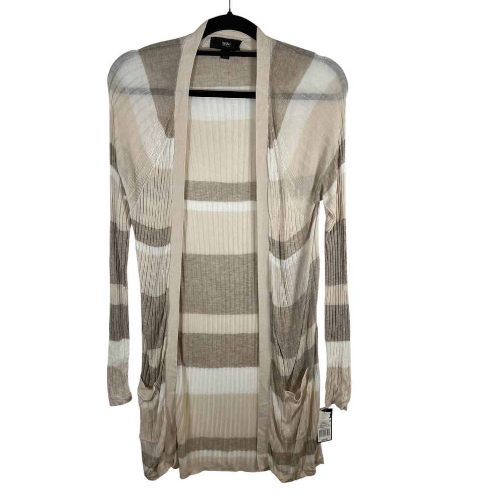 Mossimo Womens Neutral Striped Ribbed Open Front Longline Cardigan Sweater Tan M